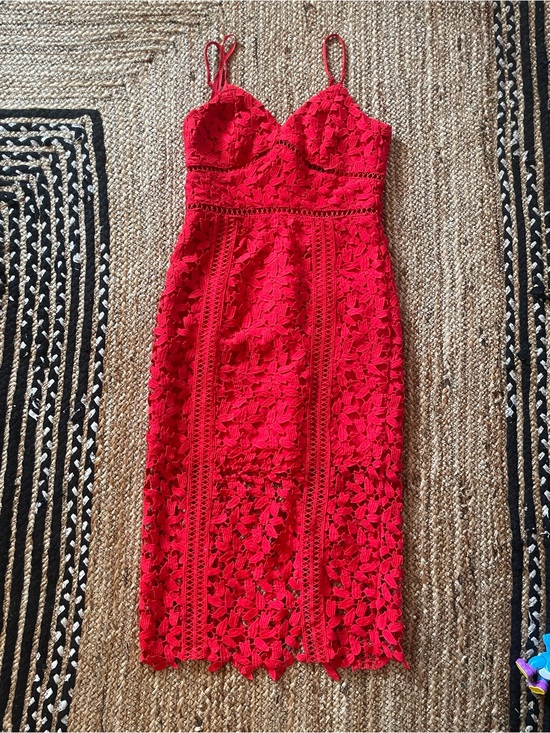 Bardot Dresses & Skirts - Bardot Red Lace Midi Dress with Spaghetti Straps